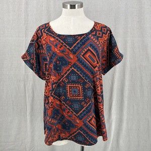 Lucky Brand Womens Large Top Dolman Short Sleeve Aztec Print Blue Red V Back